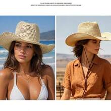 Women's Bohemian Straw Cowboy Hat, Wide Brim Woven Sun Hat, Adjustable Chin Strap Beach Hat, Suitable For Vacation, Resort, Festival And Daily Wear - Multicolor - View 7