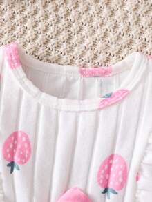 Vestido de Manga Longa Canelado com Estampa de Morango Rosa para Bebê Menina, Primavera/Outono, Vestido de Princesa com Babado, Manga Borboleta e Laço Grande, Roupa Macia, Fofa e Doce para Recém-Nascidos, Roupa para Passeio de Outono, 6-9M; 9-12M; 12-18M; 18-24M; 2-3Y - Branco - Visão 5