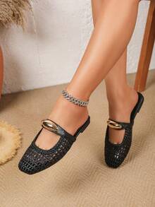 2026 Nouvelles chaussures style vacances bohème ajourées tressées artificielles respirantes à bride croisée avec boucle métallique, chaussures femme style mariage occidental décontracté ajourées à semelle plate souple grande taille, chaussures plates décontractées confortables élégantes à bande élastique perforée, légères, respirantes, convenant pour le quotidien, les courses, le bureau, la plage, le ballet et autres occasions - Noir - Voir 4