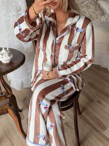 2pcs/Set Women's Winter Striped Dachshund Pattern Plush Thick Thermal Lined Turn-Down Collar Long Sleeve Top & Long Pants Pajama Set - Brown - View 5