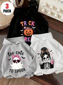 Tween Girls [Halloween]3 Pieces Set Halloween Hooded Sweatshirts, Pink Bow Heart Fashion Glasses Ghost, Candy Pumpkin Bucket, Leopard Print Bun Skull Girl Best Friends Matching Casual Sweatshirts - Grey - View 2
