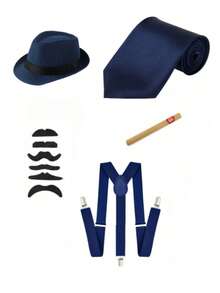 Value 5-Piece Set 1920s Men's Costume Hat, Includes 1920s Men's Hat, Tie, Fake Mustache, Accessories, Suspenders, Ball And Party Costume Halloween Outfit Accessories - Multicolor - View 3