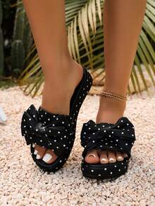 Summer New Fashion Platform Thick Sole Wedge Heel Bow Decor Sandals Women Casual Beach Versatile Open Toe Plus Size Shoes - Black - View 4