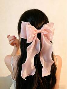 1 Sweet Pink Princess Mesh Oversized Bow Wave Streamer Spring Clip Spring Elegant Gentle Half-Up Hair Clip Hair Accessory - Pink - View 3