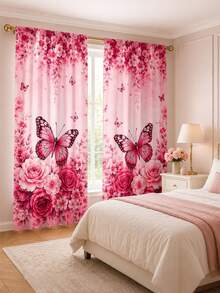2pcs Butterfly Floral Pattern Printed Curtains, Single-Sided Printing, Semi-Sheer - Rod Pocket Curtains, Bedroom Living Room Kitchen Decor, Multiple Sizes Available, Privacy Protection, Machine Washable, Fade-Resistant Curtains, Bedroom Living Room Kitchen Decor (Rod Not Included) - Multicolor - View 2