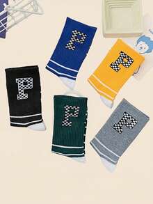 Checkered P Letter Mid-Calf Socks, Unisex All-Season Versatile Casual Sports Sweat-Absorbent Odor-Resistant Socks - Multicolor - View 7