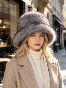 1 Peça Chapéu de Balde de Fleece Grosso Feminino, Chapéu Feminino Engrossado da Moda, Chapéu de Inverno Quente, Pode Ser Combinado com Casaco de Lã, Conjunto de Roupas de Inverno - Multicolorido - Visão 2