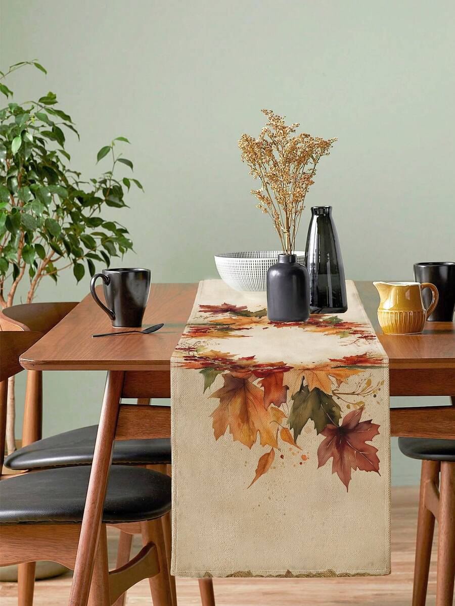 1Pc Minimalist Watercolor Maple Leaf Table Runner Blank Center Design Autumn Polyester Table Decor For Ins Cream Style Home - Apricot - View 1
