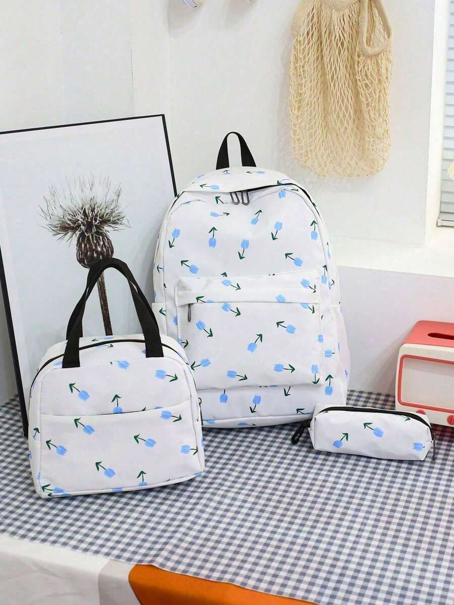 3pcs Nylon Floral Print Backpack Set, Foldable Multi-Pocket Large Capacity Zipper Backpack, Suitable For Teenagers, High School Students, College Students