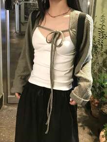 Women's Solid Color Front Tie Long Sleeve Cardigan - Army Green - View 2