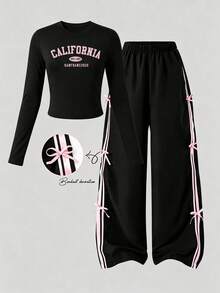 2pcs/Set Teen Letter Print Short Sleeve And Long Pants Set, Bow Tie ...