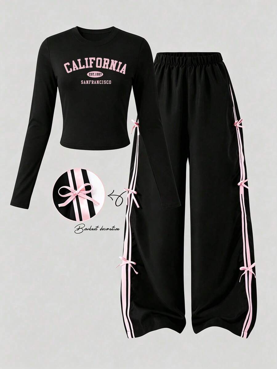 2pcs/Set Teen Letter Print Short Sleeve And Long Pants Set, Bow Tie ...