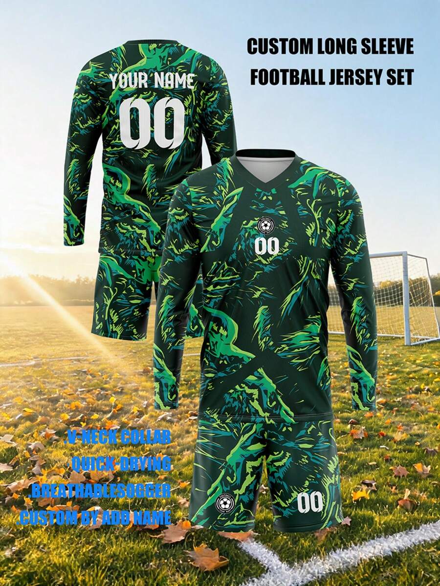 2026 Autumn/Winter V-Neck Long Sleeve Football Jersey Set, Quick-Dry Training Wear, Customizable Name Number Logo Print Men's Team Match Gear Sports - Multicolor - View 1