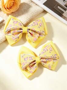 2pcs Yellow Multi-Layer Bow Hair Clips, Floral Print Bow Hair Clips, Suitable For Spring/Summer Wear, Daily And Outing Hair Accessories - Yellow - View 1