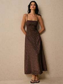 Women's Minimalist Elegant Solid Color Spaghetti Strap Square Neck Backless Sleeveless Dress Tea Party Navy Blue Summer - Brown - View 1