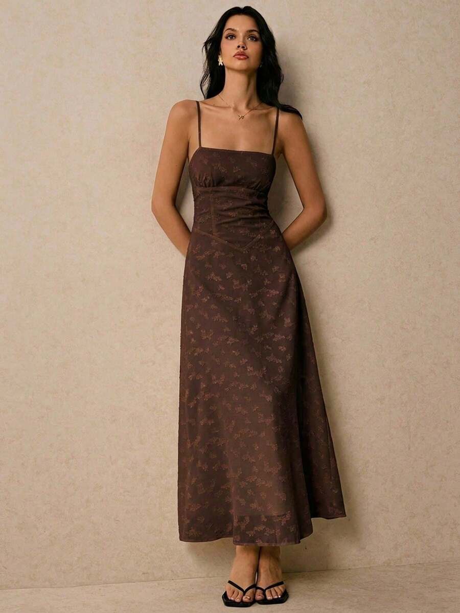 Women's Minimalist Elegant Solid Color Spaghetti Strap Square Neck Backless Sleeveless Dress Tea Party Navy Blue Summer - Brown - View 1