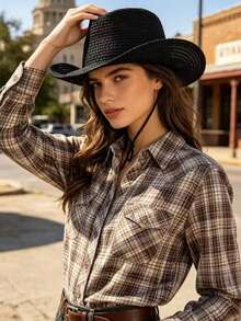 Women's Bohemian Straw Cowboy Hat, Wide Brim Woven Sun Hat, Adjustable Chin Strap Beach Hat, Suitable For Vacation, Resort, Festival And Daily Wear - Multicolor - View 8