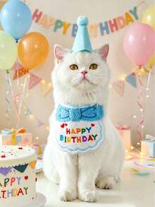 2pcs Cute Pet Birthday Party Set, Embroidered Bib And Adjustable Pom Pom Cone Hat, Pet Photography Props Accessories, Suitable For Small And Medium Cats And Dogs, 6 Colors Available, Cat And Dog Birthday Decoration Supplies - Multicolor - View 9
