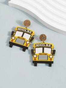 1對壓克力校車耳環，可愛卡通交通工具耳飾 - 黃色 - 查看 3