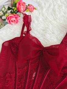 Sheer Floral Mesh V-Neck Cinched Waist Romantic Short Camisole Top - Red - View 4