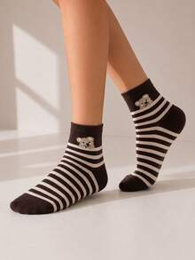5 Pairs Maillard Vintage Coffee Brown Bear Striped Mid-Calf Socks, Casual Commute All-Season Versatile Women's Socks - Multicolor - View 5