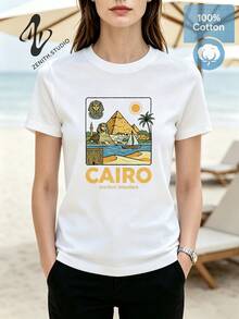 CAIRO Historic Pyramid & Desert Print Cotton Graphic T-Shirt For Exploration Vintage Look - 白色 - 查看 3