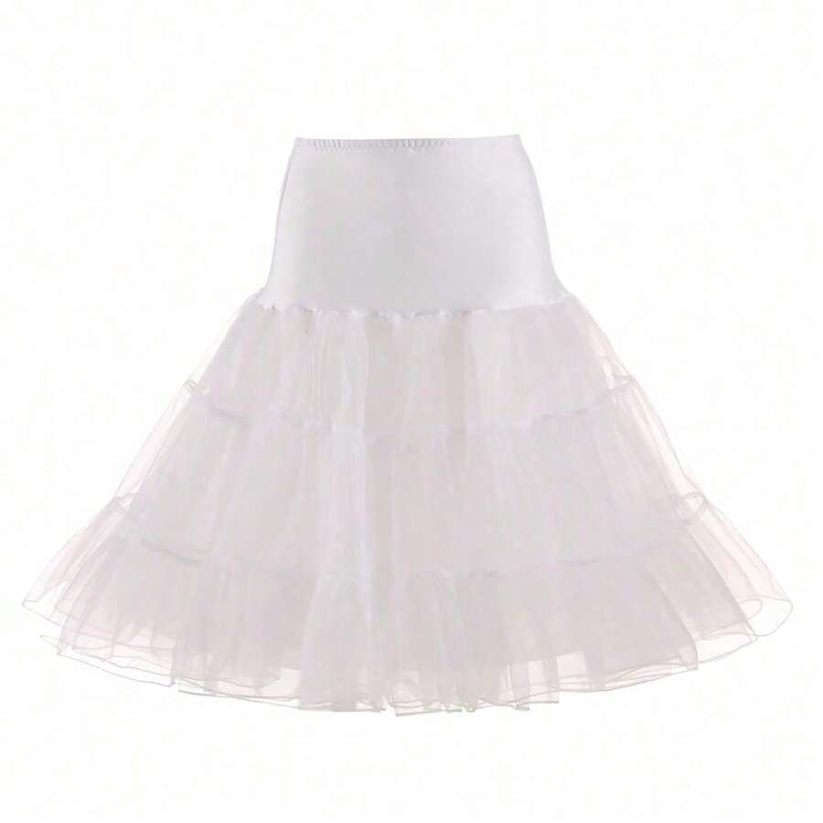 Knee Length Two Layer Tulle Petticoat Elastic Waist Vintage Women Underskirt Crinoline - Ivory - View 1