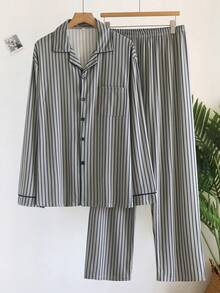 男士兩件式睡衣套裝，春秋新款高級優雅風長袖休閒大尺碼居家服條紋套裝 - 藏蓝色 - 查看 2