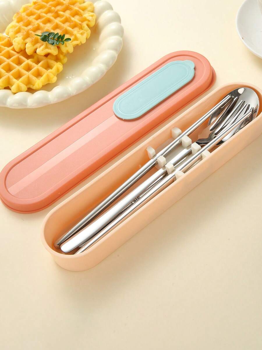 3pcs/4pcs Stainless Steel Spoon, Chopsticks, Fork With Storage Box Set, Portable Cutlery Set For Students And Outdoor Use - Multicolor - View 1