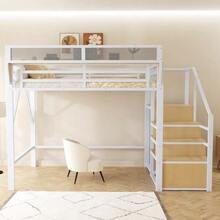 Loft Bed 140x200 With Flexible Storage, Metal Bed Adult Bed Children's Bunk Bed White - White - View 6
