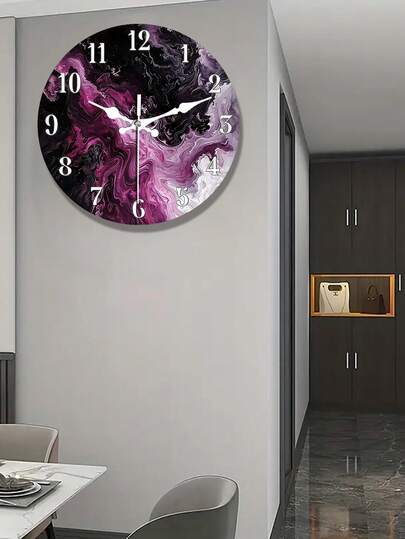 1pc Modern Abstract Purple & Black Marble Design Silent Non-Ticking Wooden Wall Clock - Large Face With White Hands, 25.4cm/30.48cmRound Decorative Clock For Living Room, Bedroom, Hallway, Study - Elegant Home Decor In Deep Purple, Pink, Black, White