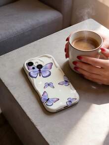 Creamy Dopamine Wavy Ruffle Soft TPU Texture, Creative Personalized Milk White Gradient Purple Butterfly Pattern Phone Case Compatible With Galaxy S21 S22 S23 S24 S25 S26/Honor/ And Other Models - White - View 3