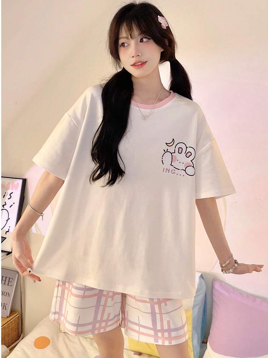 Conjunto de ropa de estar en casa para mujer con camiseta de manga corta cuello redondo con estampado de conejo y shorts a cuadros - Albaricoque - Ver 1