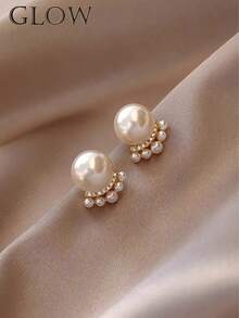 1 Pair White French Vintage Fashion Luxury Geometric Faux Pearl Rhinestone Stud Earrings, Suitable For Children Girls Daily And Holiday Wear - Multicolor - View 10