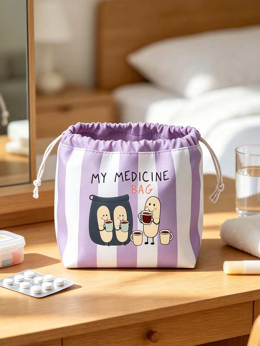 Striped Drawstring Small Medicine Bag, Cute Pill Pattern, Portable Medicine Storage Bag, Travel Medicine Bag, Large Capacity Travel Storage Bag, Cosmetic Bag, Multi-Functional Storage Bag, Medicine Storage, Home Essential Storage, Suitable For Travel, Outings, Camping And Daily Use, Ideal Travel Choice, Unique Birthday Gift, Holiday Gift, Party Gift, Back To School Gift - Multicolor - View 1