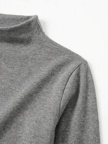 Women's Solid Color Mock Neck Long Sleeve T-Shirt, Slim Fit Elastic Slimming Top, Simple Versatile Daily Base Layer Casual - Dark Grey - View 8
