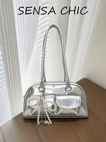 New Fashion Classic Versatile Solid Color PU Waterproof Material Women's Handbag, Rhinestone Bow Decor Design Large Capacity Shoulder Bag, Shell Bag, Women's Wallet, Suitable For Shopping, Work, Travel - Silver - View 9