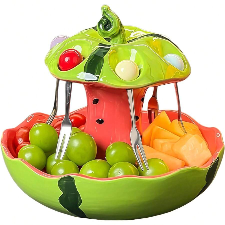 1pc Novelty Watermelon Mushroom 2-Tier Ceramic Fruit Serving Tray, Divided Snack Nut Candy Bowl With Fruit Fork Storage Slots, Cute Summer Table Decor Platter For Party Birthday Housewarming Gift - Multicolor - View 1