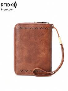MIYIN Fashion Retro Hollow Design Credit Card Wallet, Women's, RFID Anti-Theft, Large Capacity Bifold Zipper Card Holder, With Wrist Strap, 32 Card Slots, Short Wallet, Wristlet Wallet, RFID Wallet, Suitable For Party, Shopping, Travel - Brown - View 5