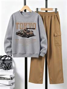 2pcs/Set Crew Neck Sweatshirt And Cargo Pants Outfit For Teen Boys, American Street Style Modified Racing Car Print Crew Neck Sweatshirt And Cargo Pants Matching Set, Suitable For Autumn/Winter Daily Wear - Multicolor - View 2