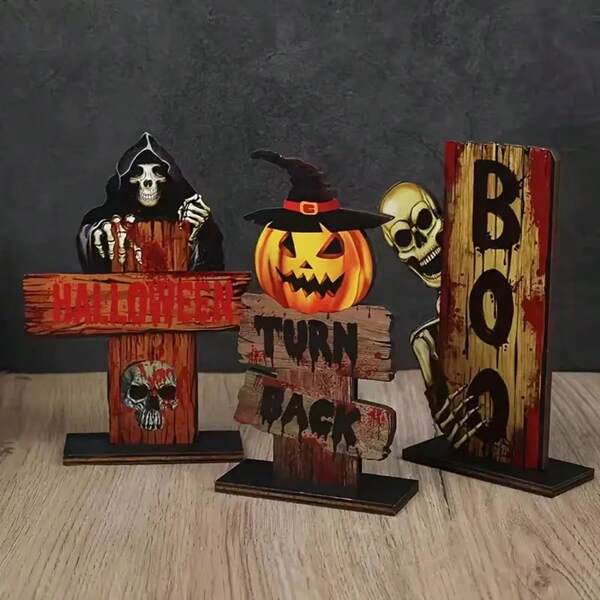 2D Flat, 3pcs Halloween Wooden Decorative Plaques, Thanksgiving, Spring Party Decorations, Perfect Holiday Gift, Home Decor, Garden & Yard Decor, Vintage, Desktop Office Decor, Vintage Halloween Wooden Pumpkin Decor - Artificial Wooden Desktop Decor, No Electricity Required For Spooky Home Decor, Pumpkin Decor, Halloween Wooden Decor, Decorative Signs And Plaques