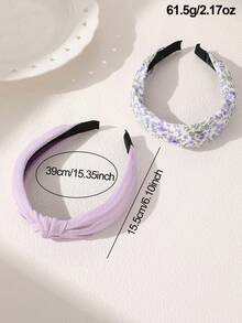 2 piezas/Set Diademas con nudo estilo coreano para niñas, con estampado floral & unicolor, tela morada suave, aro para el cabello de ala ancha, versátil para uso diario - Multicolor - Ver 5