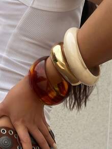Juego de 3 piezas de pulseras de resina translúcida asimétrica exagerada para mujeres, versátil - Multicolor - Ver 2