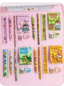 6件組可愛文具禮盒，日系卡通校園用品套裝，美學桌面配件，開學必備禮品盒 - 彩色 - 查看 2