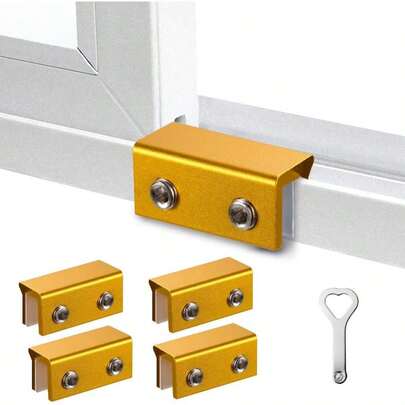 Window Locks Up And Down 4 Pack Window Stopper Sliding Window Lock Vertical Horizontal Sliding Doors With Key Aluminum Window Security Locks Child Proof(Golden Large)