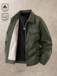 男士秋冬燈芯絨夾克 寬鬆休閒時尚 保暖內裡 - 軍綠色 - 查看 2