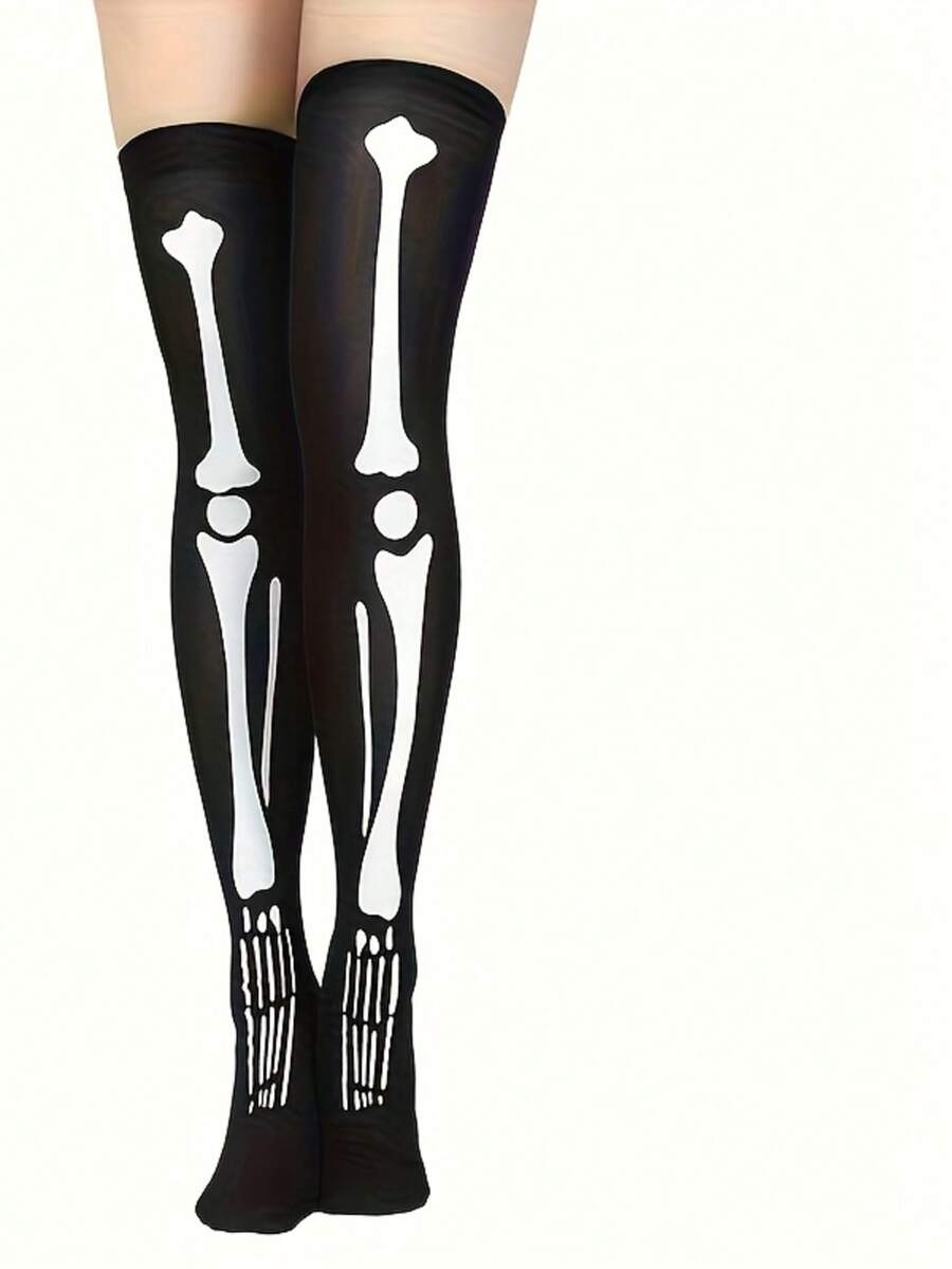 1/3 Pairs Black Knee-High Socks With Dark Skull Pattern, Suitable For Halloween, For Teenagers - View 1