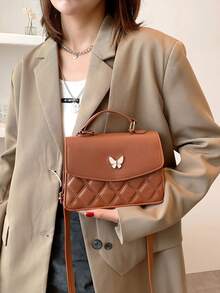 Classic Flap Crossbody Bag Embossed Grid Texture Butterfly Decor Compact Size Lightweight Daily Storage Handbag - Khaki - View 3