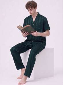 2pcs/Set Men's Pajamas Summer Short Sleeve Long Pants Satin Green Striped Casual Comfortable Spring Autumn Sleepwear Fashionable Homewear Outfit - Green - View 2