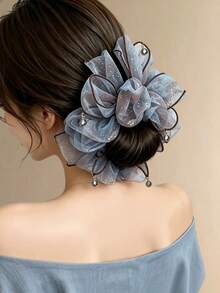 1pc Gray Blue Mesh Flower Pendant Hair Scrunchie, Soft Fairy Fluffy Large Hair Tie For High Ponytail Bun, Spring Summer Commute Date Hair Accessory - Multicolor - View 5